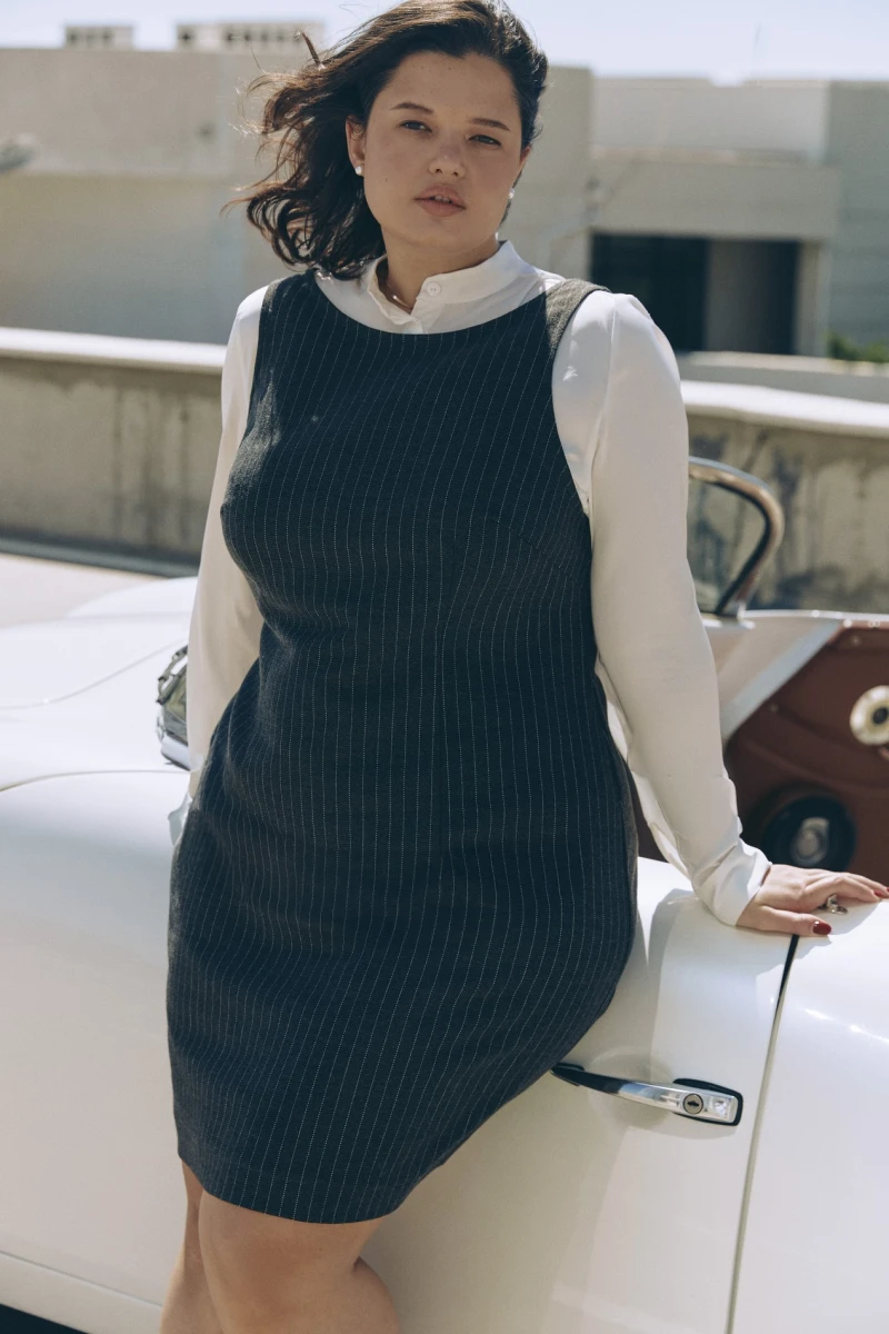 Gray mini sundress in white stripes made of suiting fabric plus size