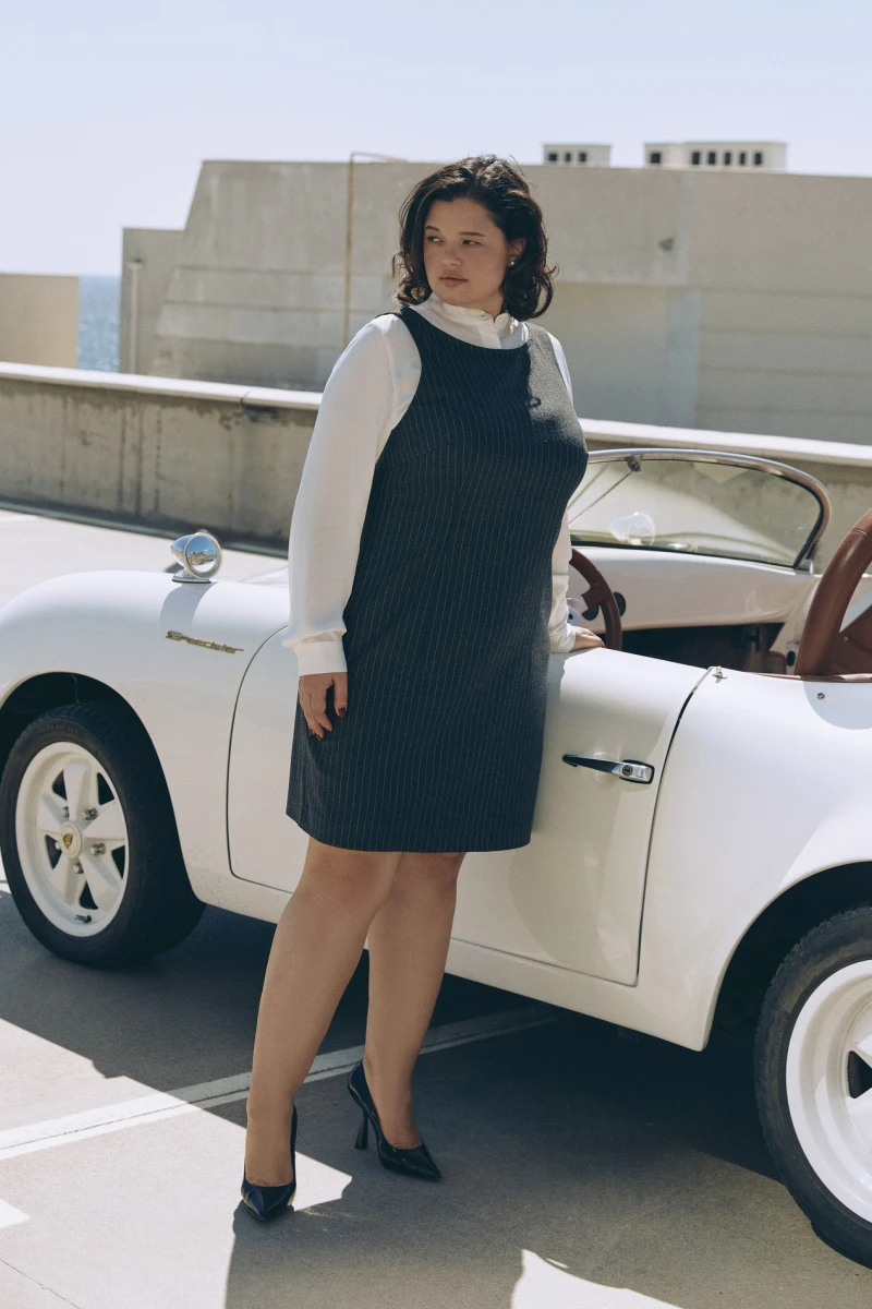 Gray mini sundress in white stripes made of suiting fabric plus size