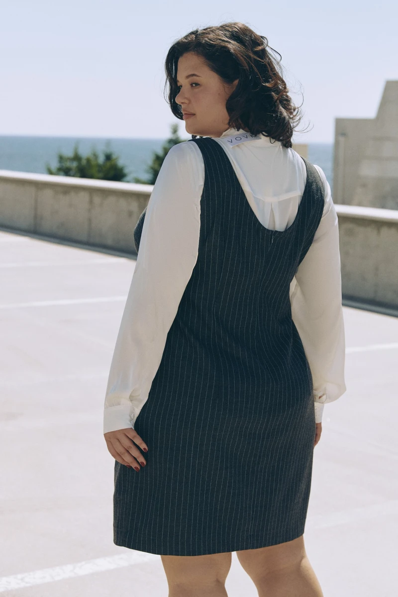 Gray mini sundress in white stripes made of suiting fabric plus size