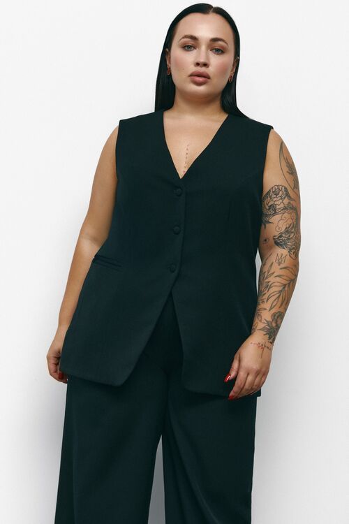 Elongated vest with buttons suit fabric black plus size