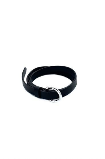 Black genuine leather belt with silver round buckle