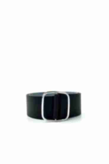 Black eco leather belt with silver buckle 6.5 cm