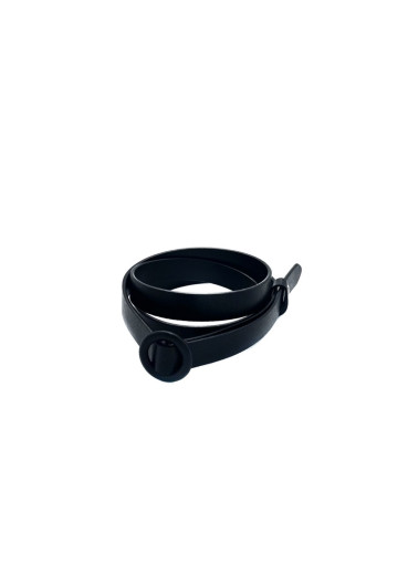 Black genuine leather belt with black round buckle