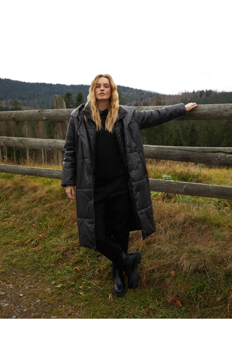 Black hooded jacket with band collar made of raincoat fabric