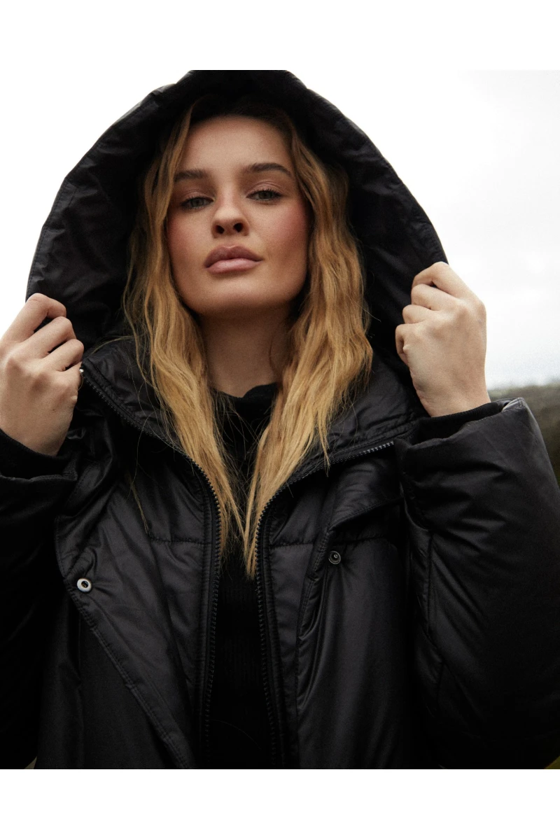 Black hooded jacket with band collar made of raincoat fabric