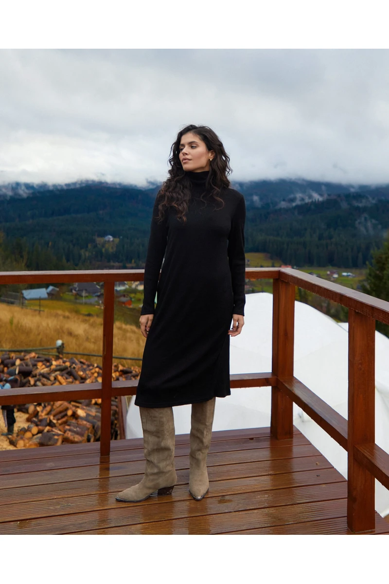 Black straight midi ribbed angora dress with a turtleneck