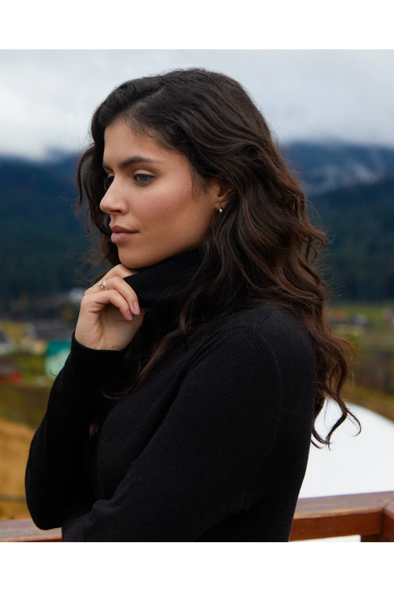 Black straight midi ribbed angora dress with a turtleneck