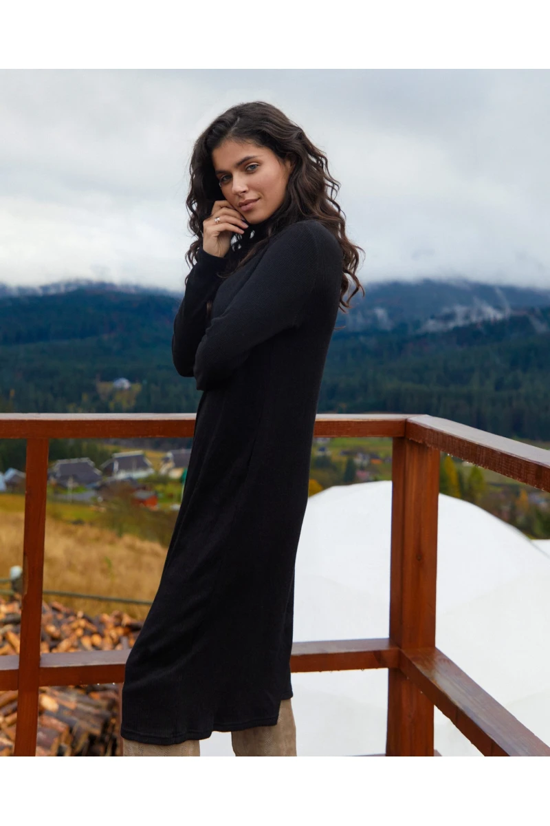Black straight midi ribbed angora dress with a turtleneck