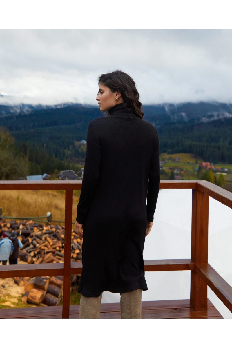 Black straight midi ribbed angora dress with a turtleneck