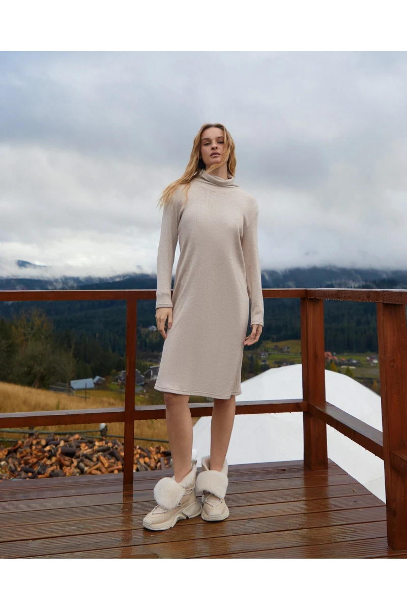 Beige straight midi ribbed angora dress with a turtleneck