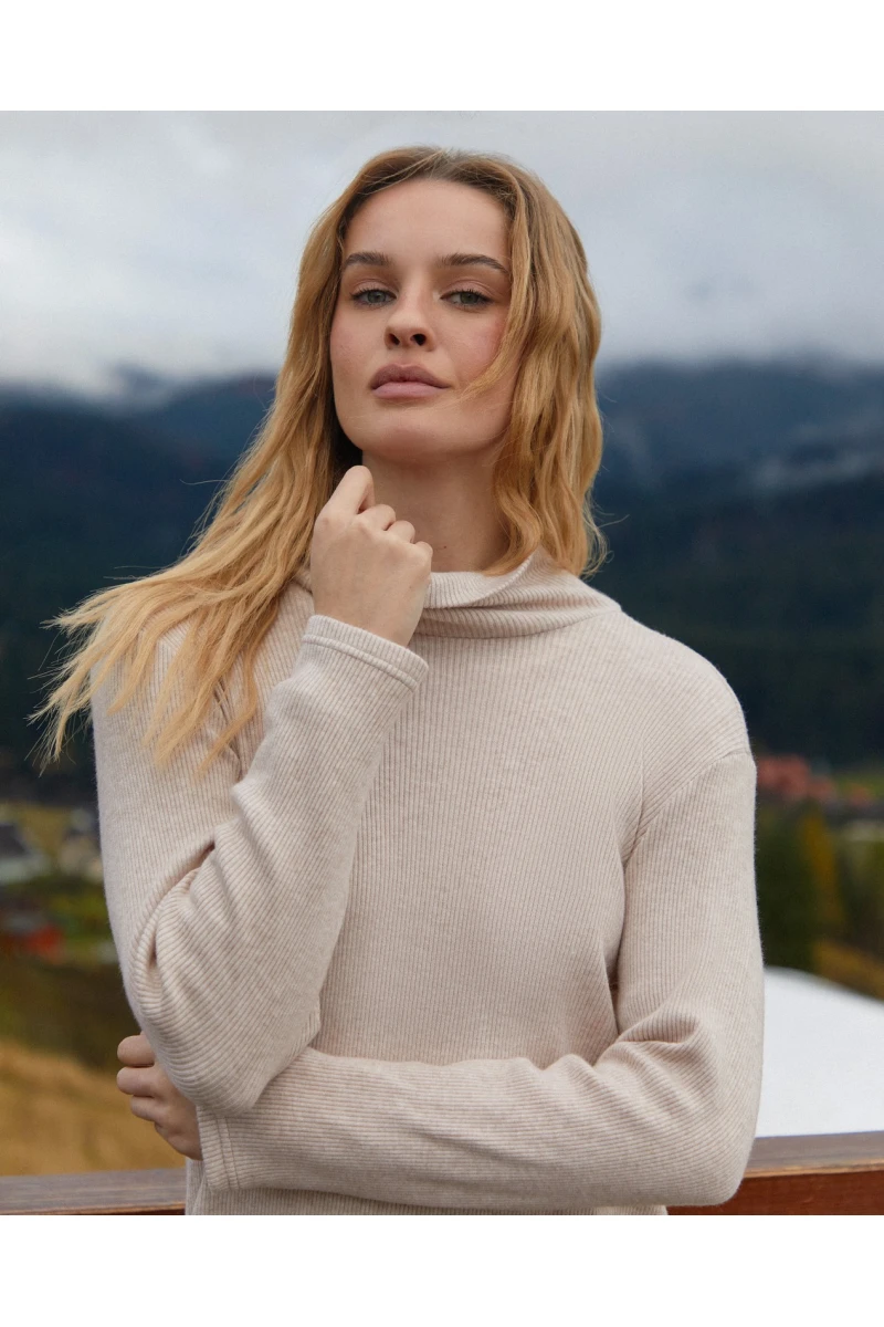 Beige straight midi ribbed angora dress with a turtleneck