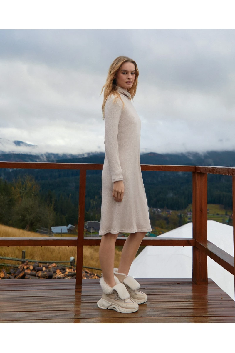 Beige straight midi ribbed angora dress with a turtleneck