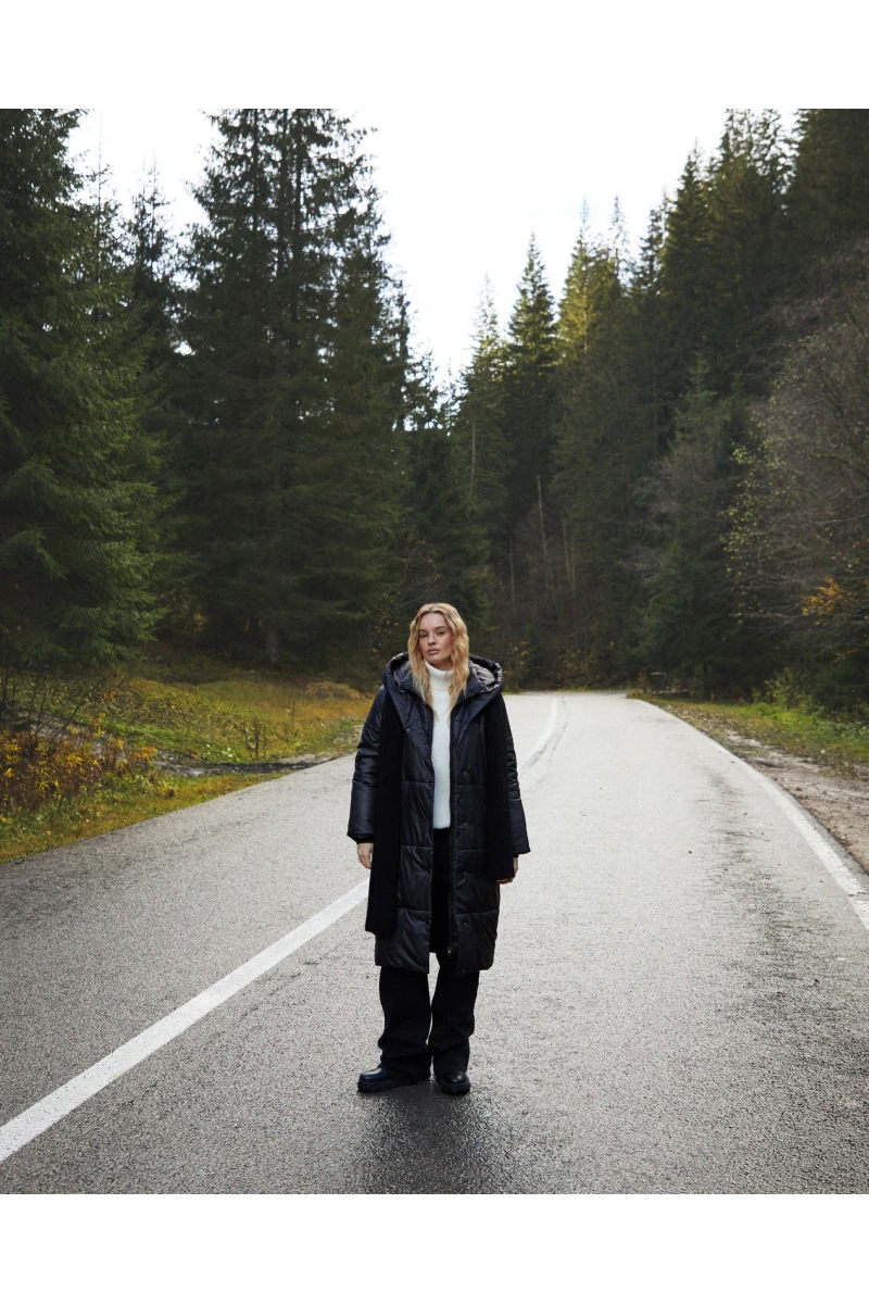 Black hooded jacket with band collar made of raincoat fabric