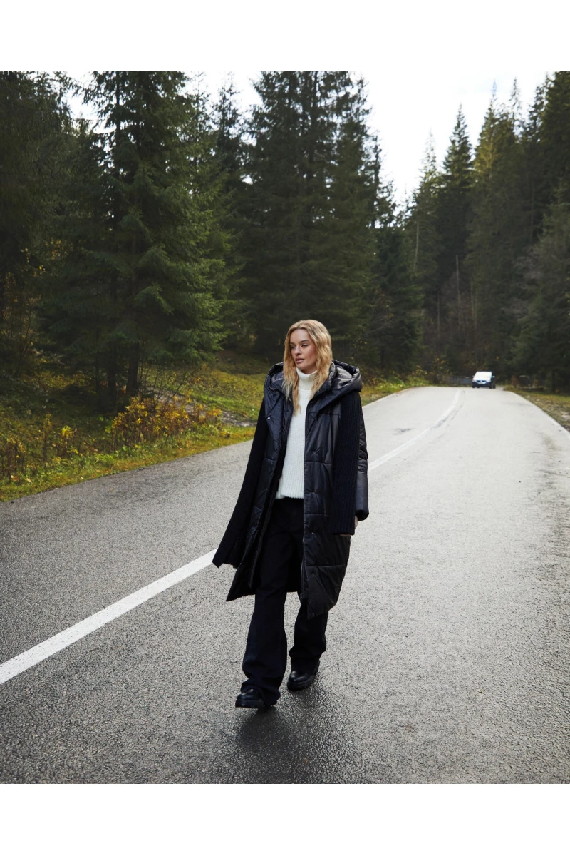 Black hooded jacket with band collar made of raincoat fabric