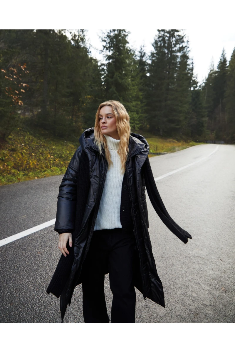 Black hooded jacket with band collar made of raincoat fabric