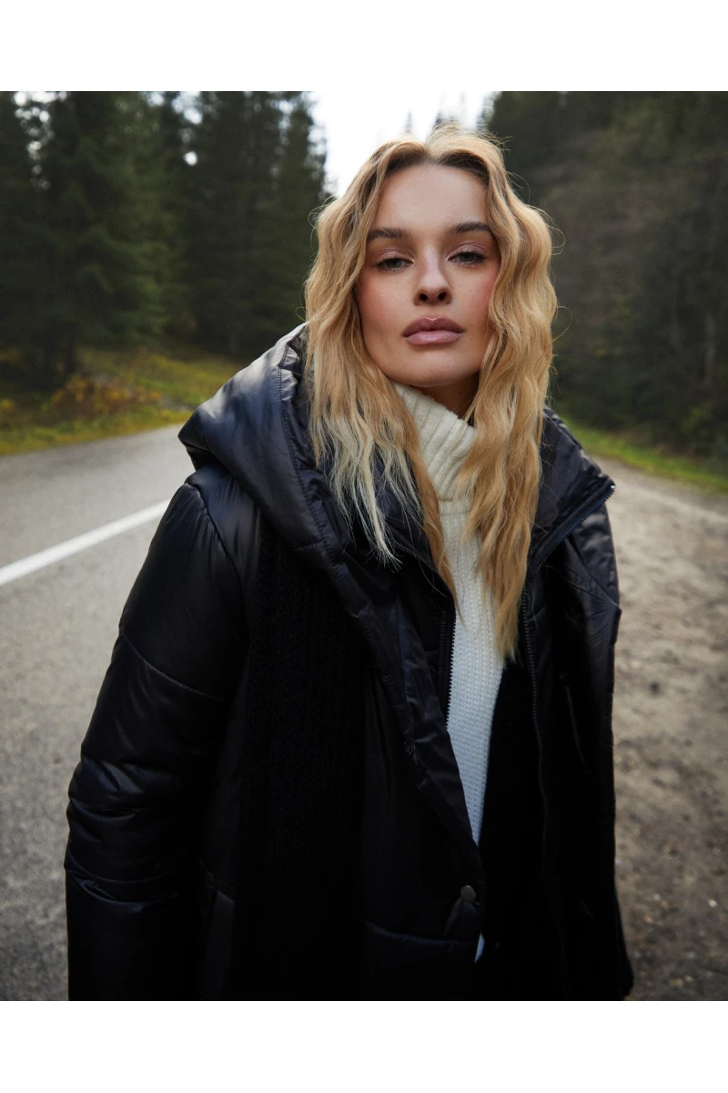Black hooded jacket with band collar made of raincoat fabric