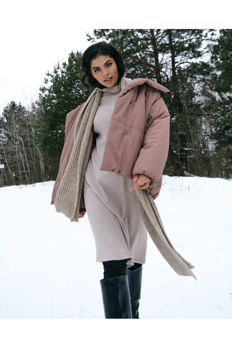 Beige straight midi ribbed angora dress with a turtleneck