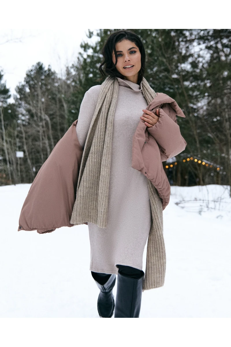 Beige straight midi ribbed angora dress with a turtleneck