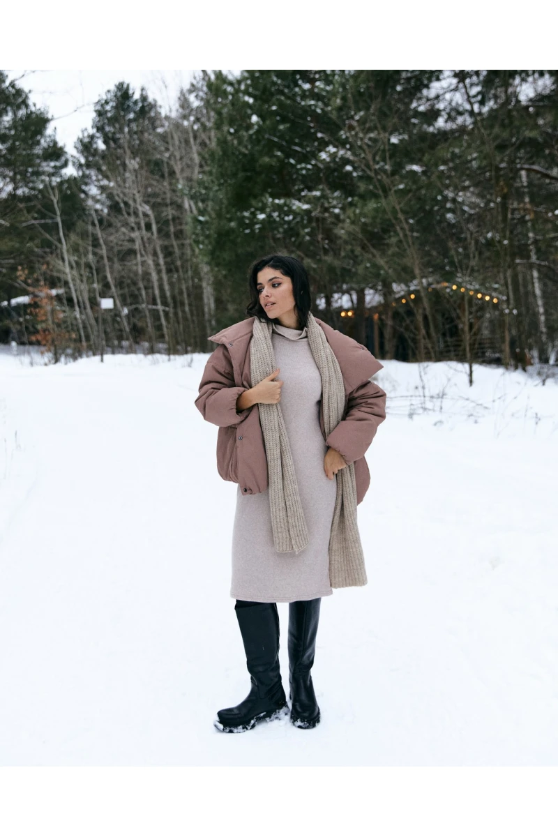 Beige straight midi ribbed angora dress with a turtleneck