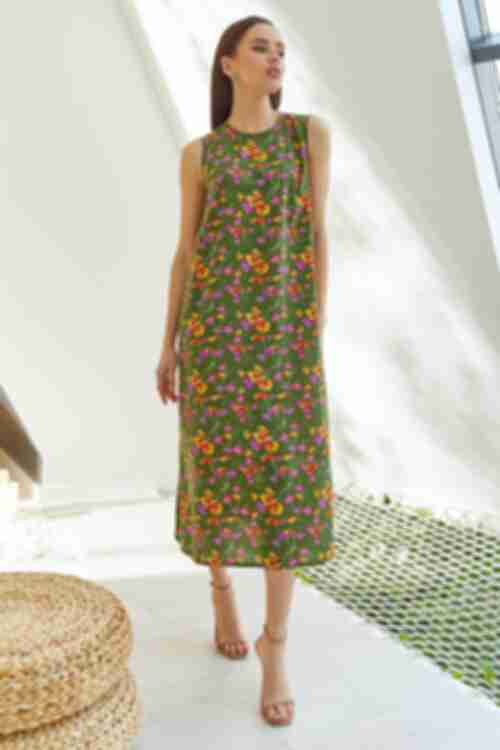 Khaki midaxi staple cotton dress in yellow and pink flowers