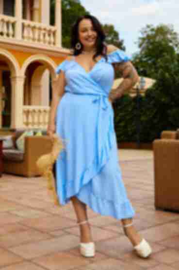 Sky blue midi wrap sundress with ruffle made of staple cotton in milky dots plus size
