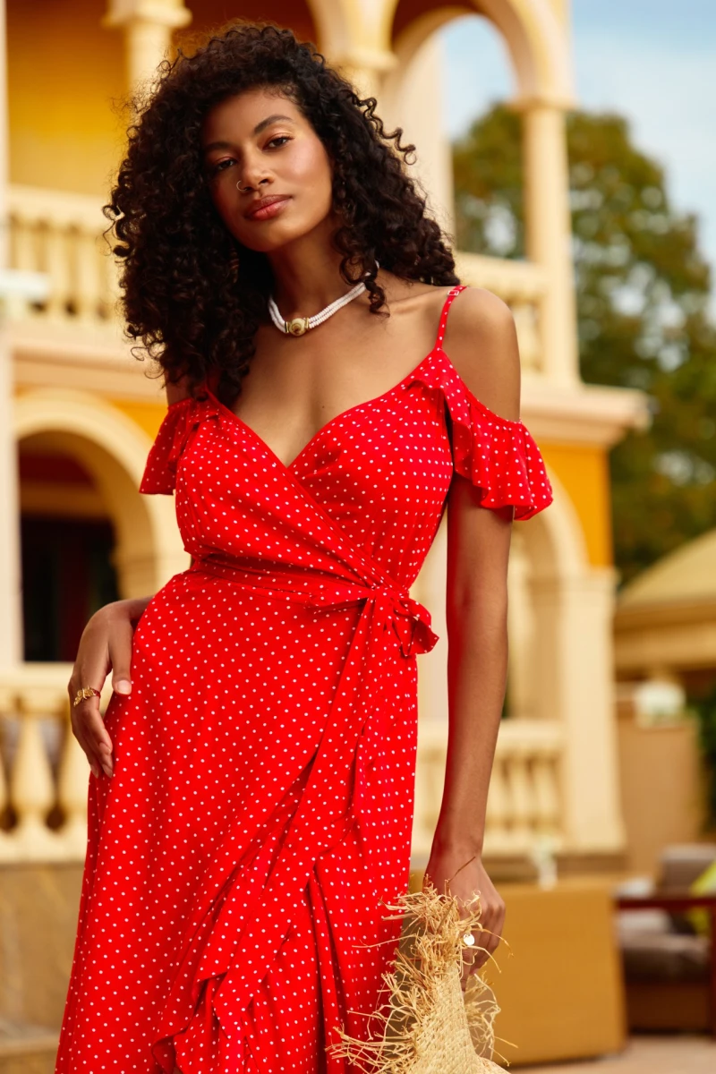 Red midi wrap sundress with ruffle made of staple cotton in milky dots