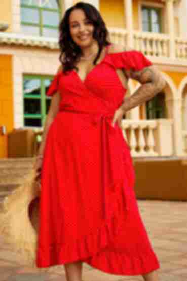 Red midi wrap sundress with ruffle made of staple cotton in milky dots plus size