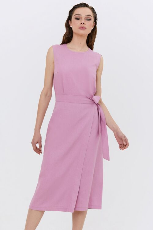 Lilac midi linen dress with a skirt with a tie