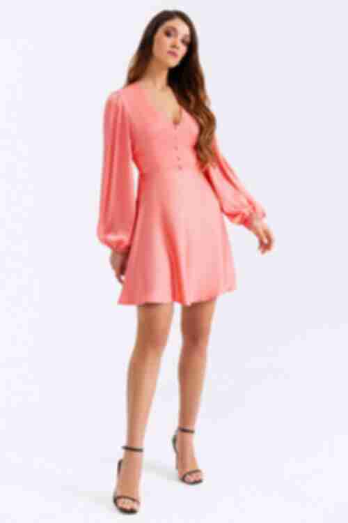 Платье мини с пуговицами искусственный шелк персиковое