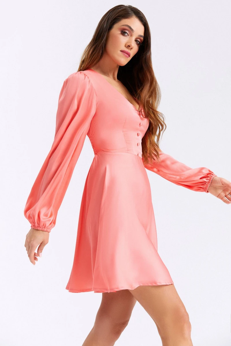 Peach mini dress with buttons made of artificial silk
