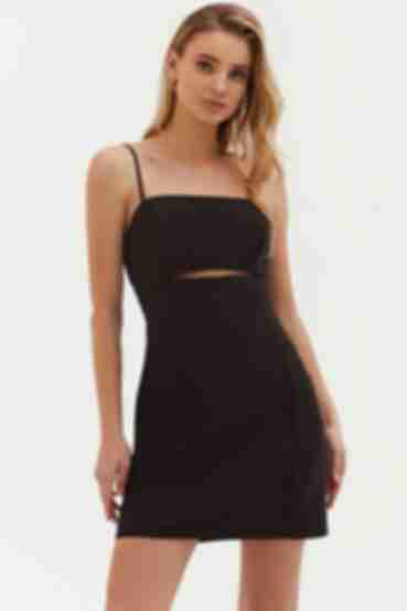 Black mini sundress with shaped neckline made of suiting fabric