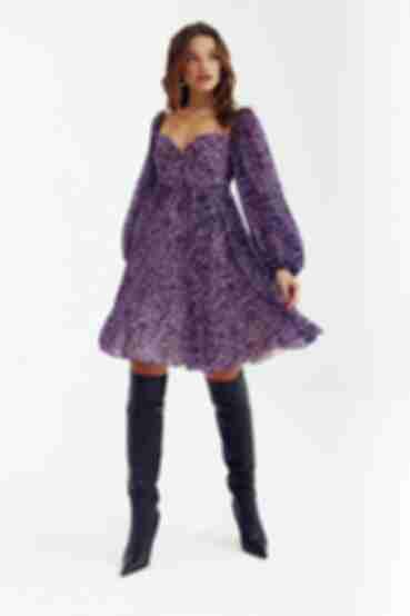 Платье с объемными рукавами шифон леопардовый принт на фиолетовом