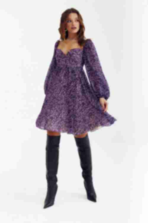 Purple chiffon dress with puff sleeves in leopard print
