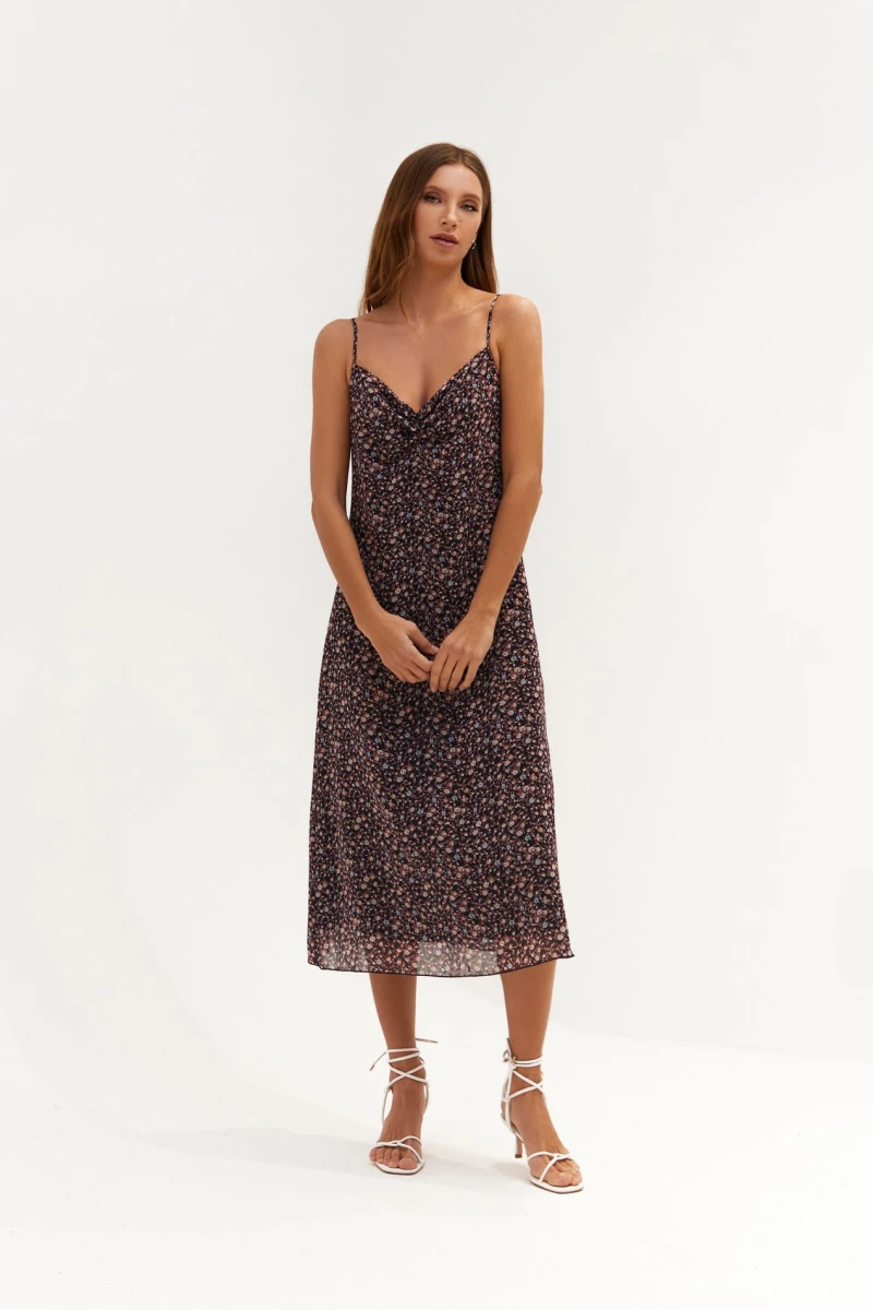 Black midi chiffon slip dress with tie in flowers