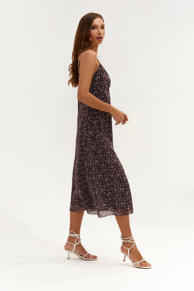 Black midi chiffon slip dress with tie in flowers