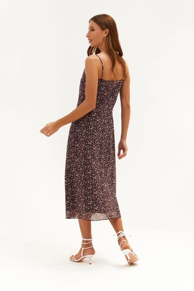 Black midi chiffon slip dress with tie in flowers
