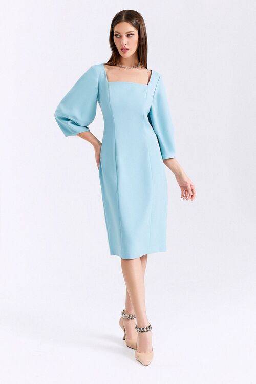 Light blue midi dress with square neckline made of suiting fabric