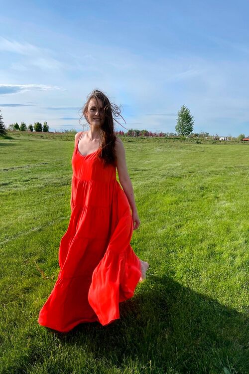 Red maxi layered sundress made of staple cotton