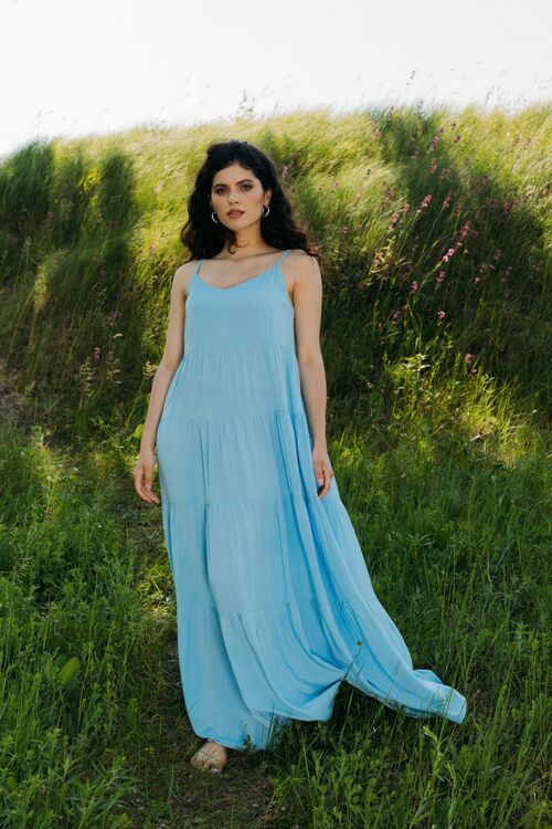 Sky blue maxi layered sundress made of staple cotton