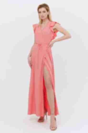 Coral red long dress with ruffles on the sleeves