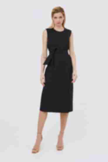 Black midi linen dress with a skirt with a tie