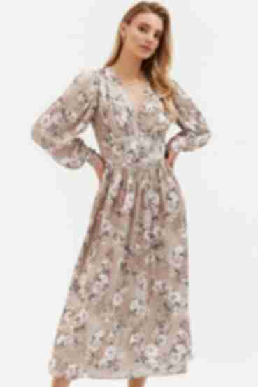 Mocha maxi dress with shaped belt and puff sleeves in flowers
