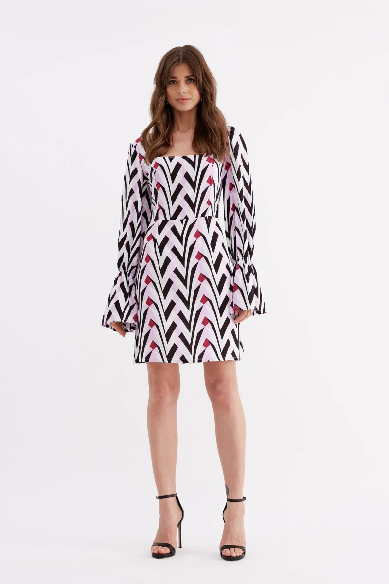 Pink mini staple cotton dress with an open back with designer print