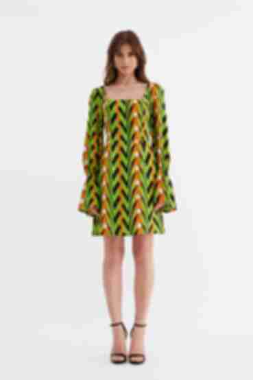 Lime mini staple cotton dress with an open back with designer print