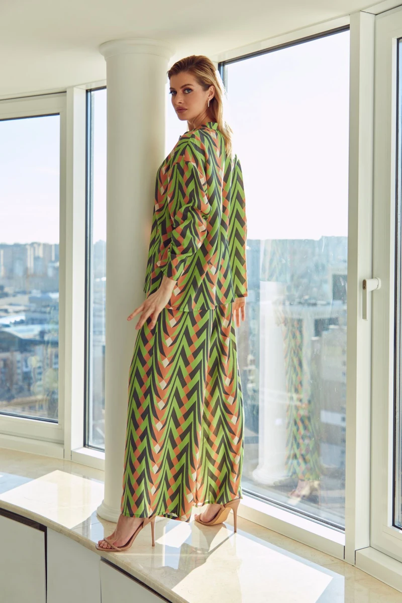 Green staple cotton suit with blouse and palazzo trousers with designer print