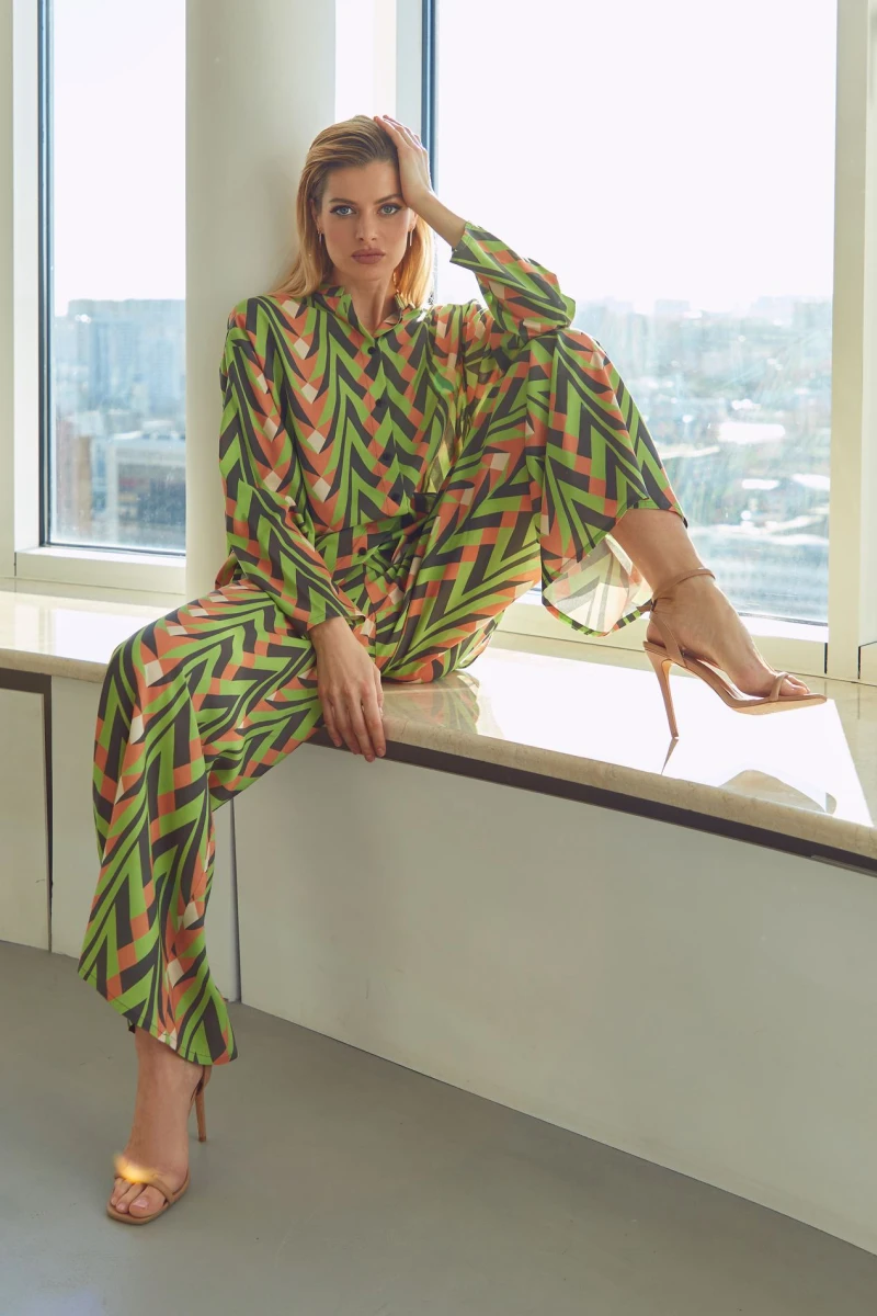 Green staple cotton suit with blouse and palazzo trousers with designer print