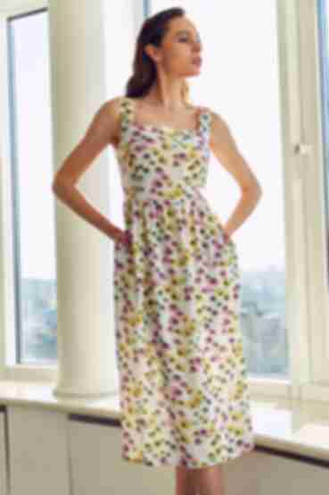 Milky midi staple cotton sundress with wide straps in floral designer print