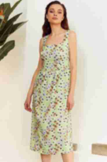 Bright green midi staple cotton sundress with wide straps in floral designer print