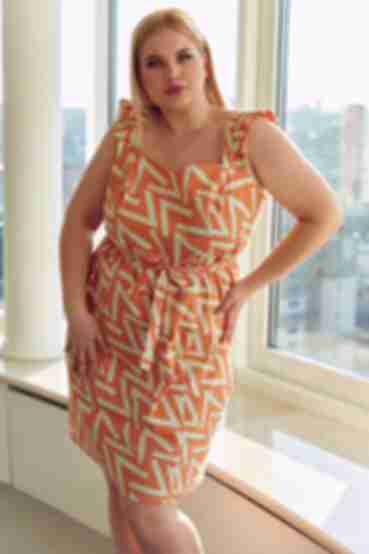 Платье на бретелях из льна авторский принт буква на оранжевом большой размер