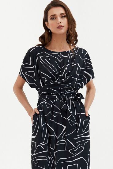 Black midi viscose dress with asymmetric waistband with designer print #2